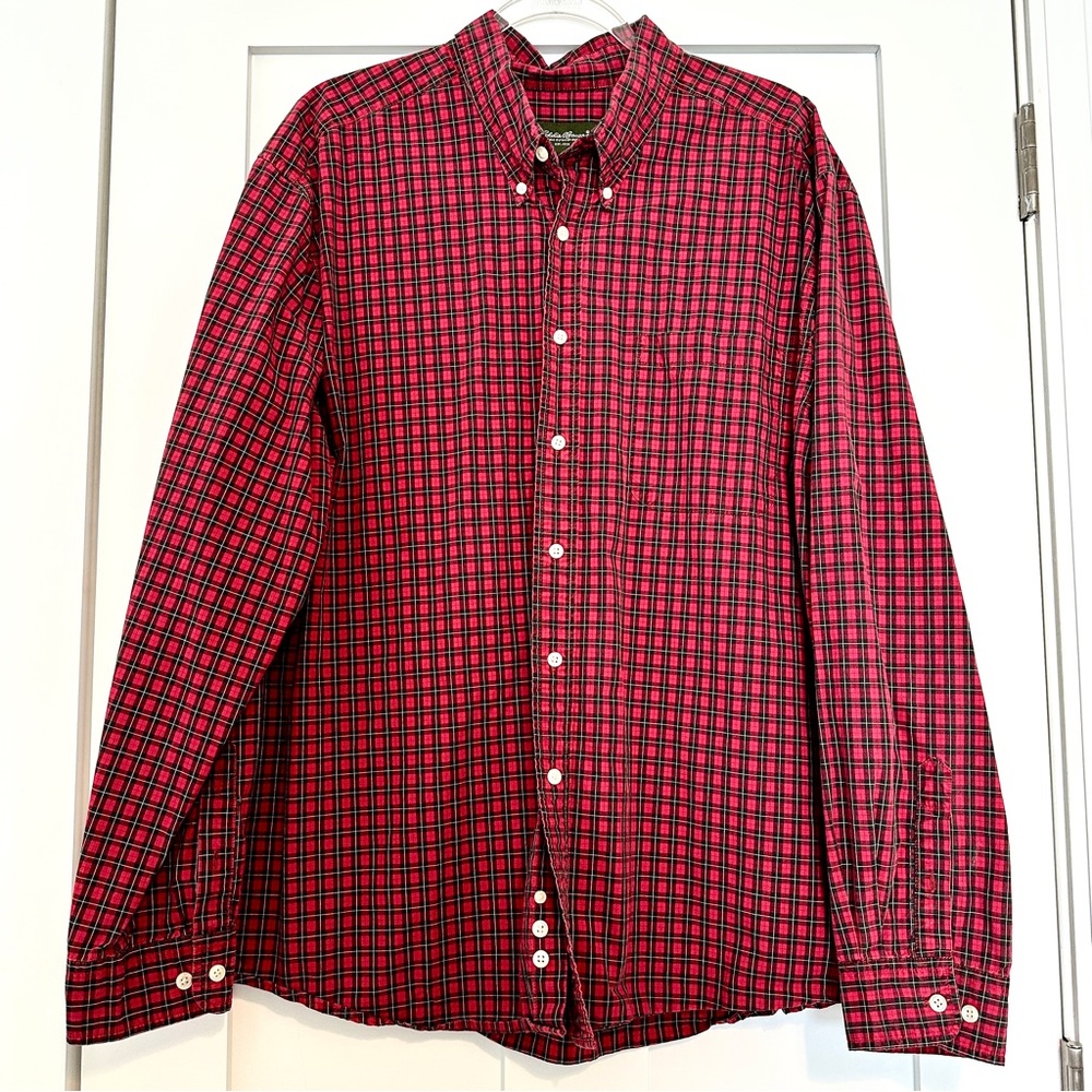 Eddie Bauer Men’s Red and Black Tartan Plaid Cotton Button Down Shirt • XXL